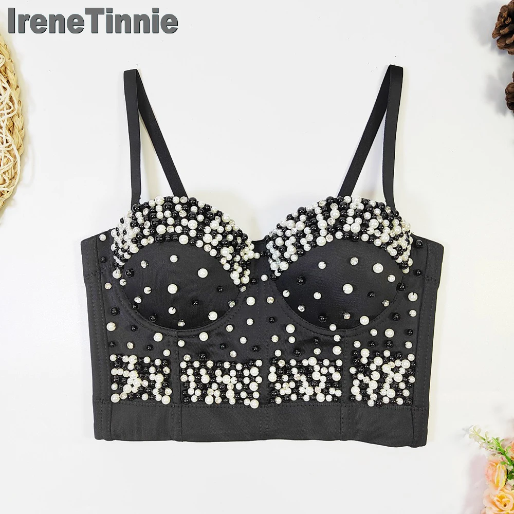 

IRENE TINNIE Женская мода Короткая одежда Жемчужно-черный топ на бретелях Женский бюстгальтер Майка Y2K Жилет Сексуальный корсет Леди Укороченный топ на бретельках с открытой спиной