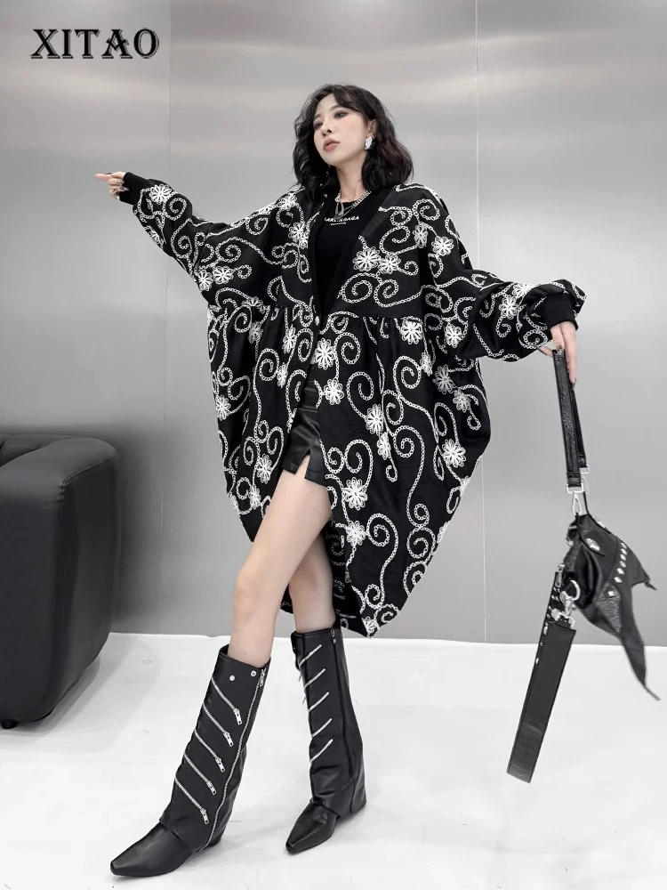 

XITAO Embroidery Single Button V-neck Trench Batwing Sleeve Loose Fashion Loose Temperament Long Coat 2024 Autumn New ZY8882