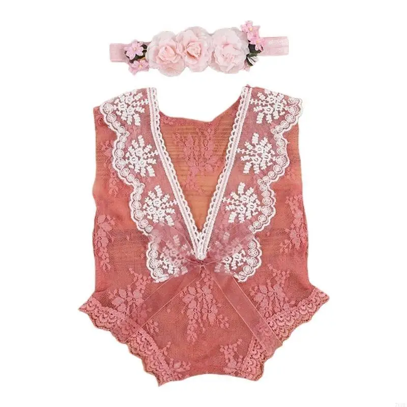 76HF Baby Lace Romper Headband Set Newborn Photography Props Bodysuit Jumpsuit with Flower Hair Band Infants Fotografie Outfits