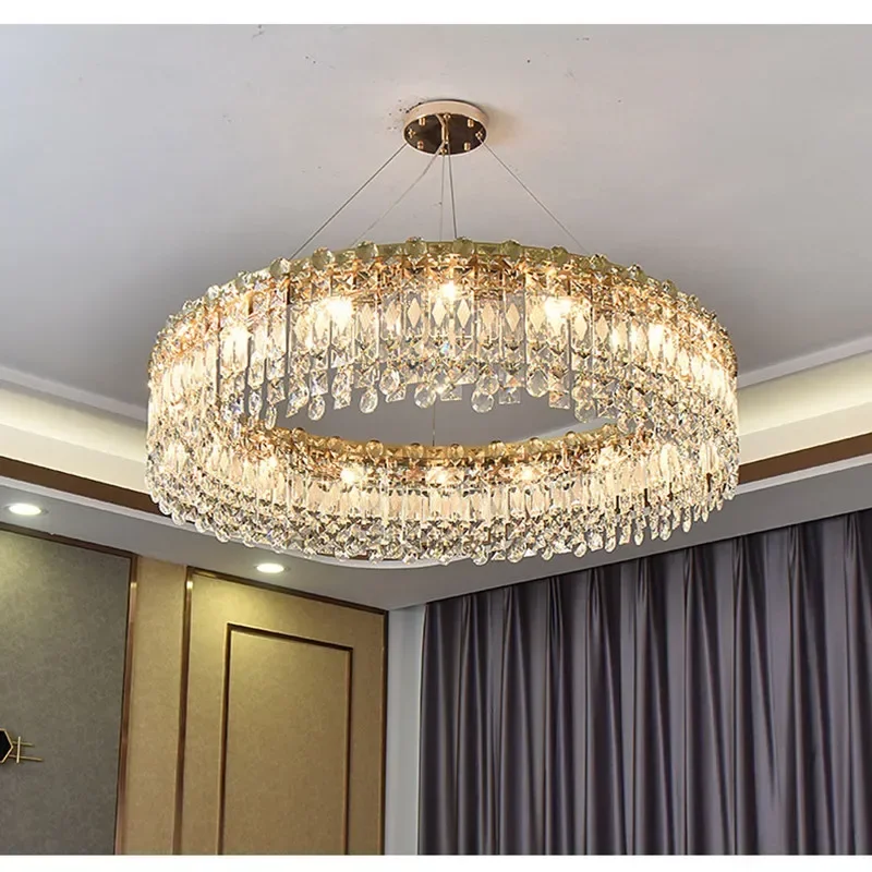 Glass Ironware Restaurant Ceiling Crystal Pendant Gold LED Modern Ring E14 Lamps D50/60/80CM Home Deco