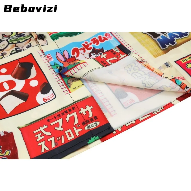 Japanese Cartoon Print Men Hawaiian Shirt Streetwear Beach Turn-down-collar Shirt Casual Summer Short Sleeve