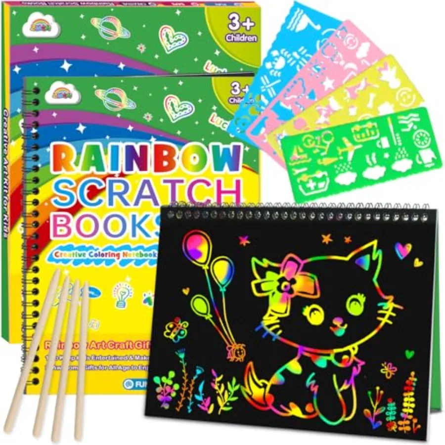 Scratch Paper Art Craft: 2 Pack Rainbow Scratch Notebooks Crafts for Ages 4-8 Year Old Girl Birthday Gift Games for Arts Kits S