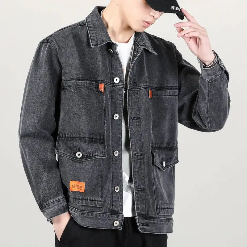 

High-End Autumn Winter Men's Denim Jaet Loose Fit Multiple kets Workwear Sle Casual Long Sve Coat Double Button