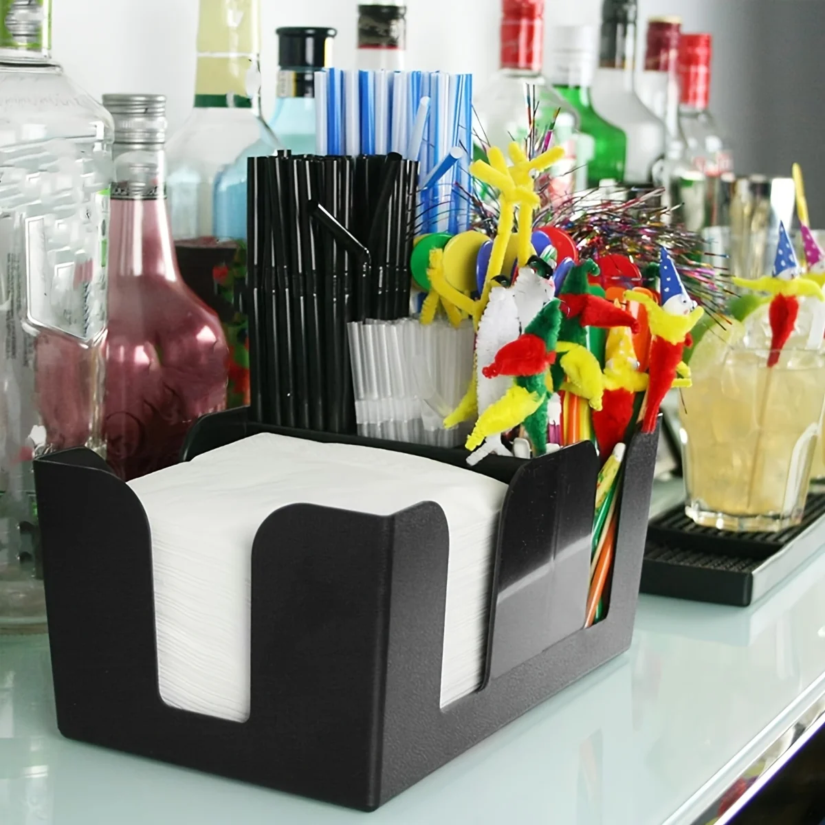 

E5 Bar Caddy with 6 Compartments, Plastic Bar Organizer, Heavy Duty Refillable Bar Organizer, Barware Caddy, Napkin Dispenser