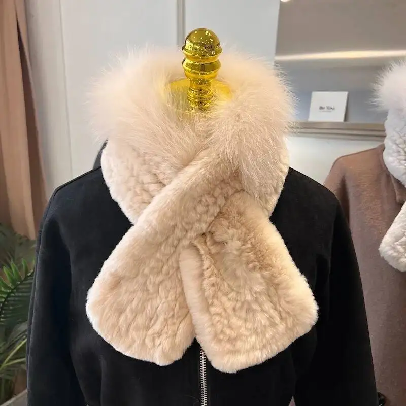 

Шарф из натурального кроличьего меха, зимние теплые грелки для шеи, шарфы из натурального меха, модный вязаный шарф из натурального кроличьего меха с лисьим мехом