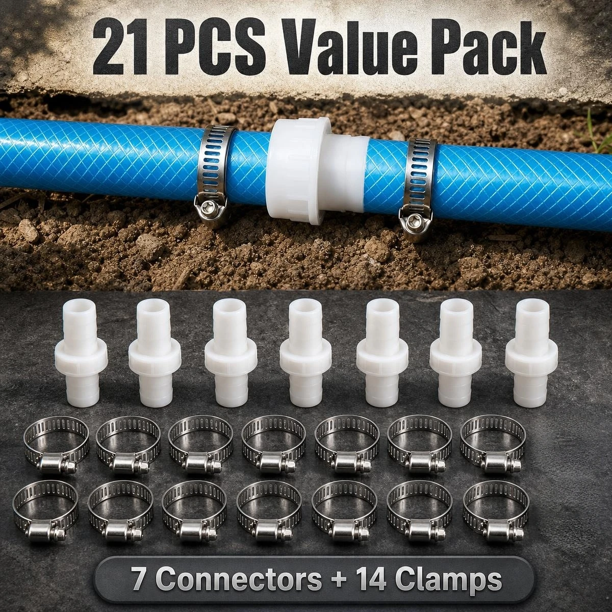 21PCS 1/2-Inch Hose Coupling Set - 7pcs Connectors + 14pcs Clamps Plastic Straight through Hose Connector for Approximate Use