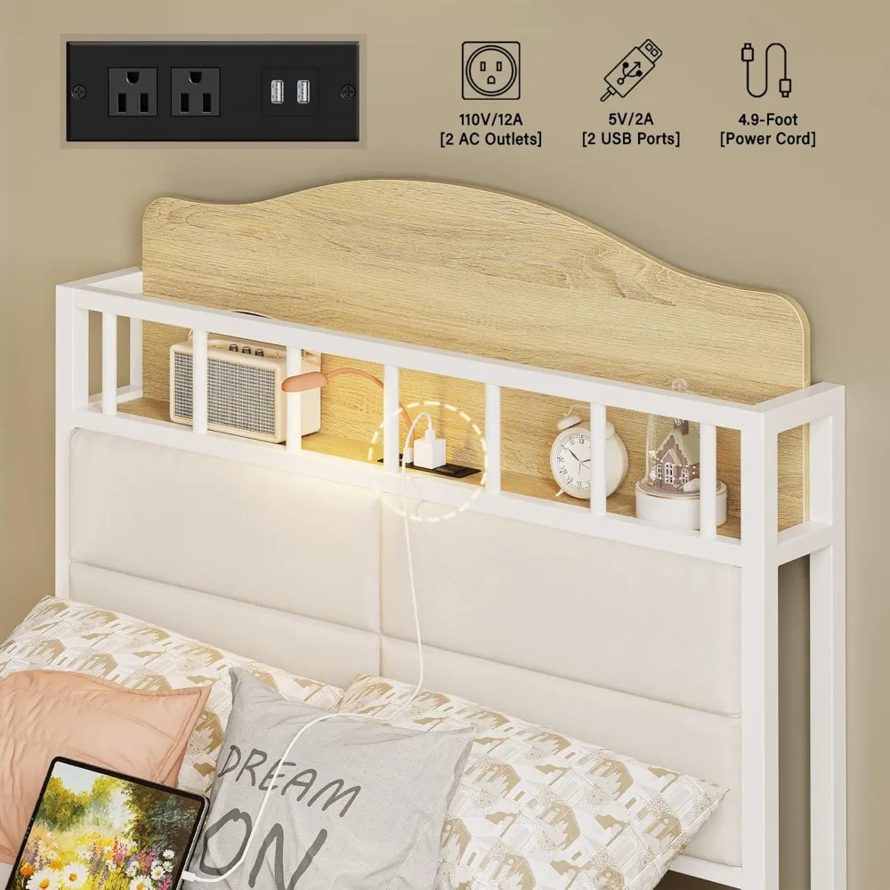 Likimio Dubbel Bedframe Met Vangrail En Caddy Aan Het Bed, Multifunctioneel Hoofdeinde Met Laadstation, Duurzaam Metalen Platform