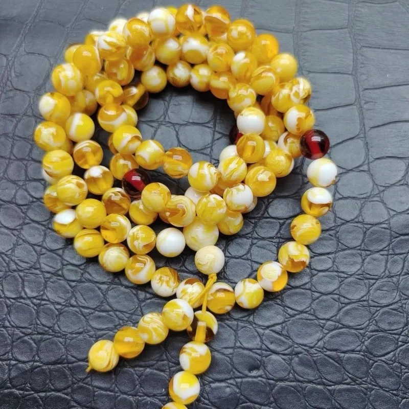 

108 Mala Bracelet, White Amber, Golden Milky White 8mm Round Beads, Multi-Loop Natural Amber Jewelry