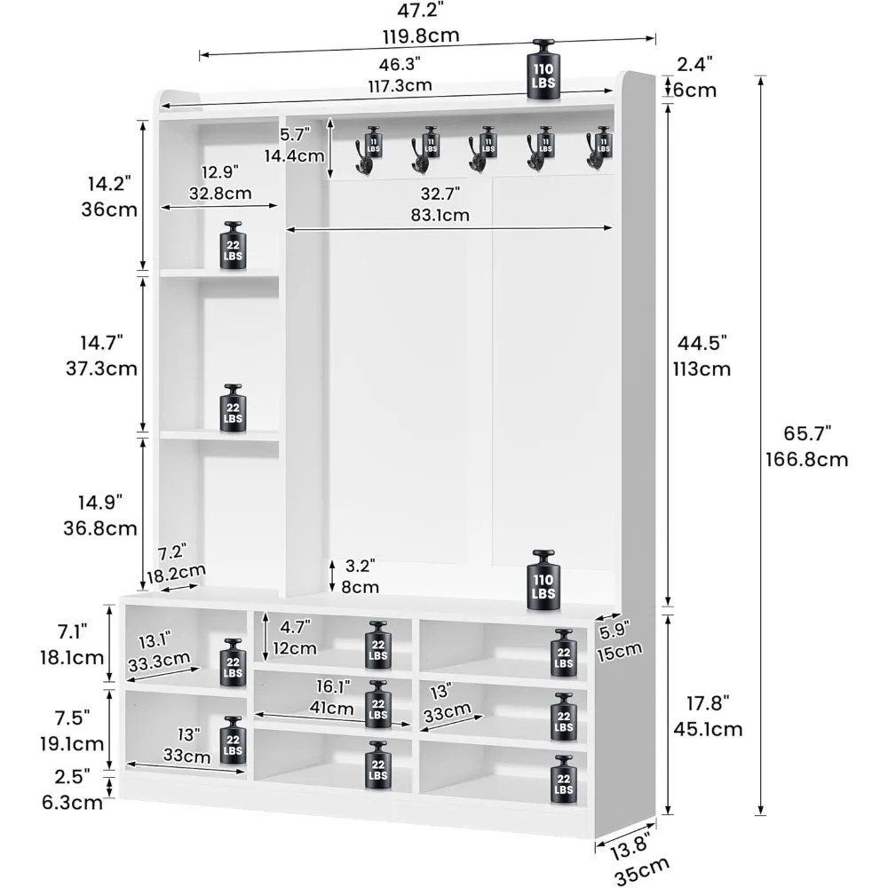 مقعد مدخل متعدد الوظائف 5 في 1 مع مساحة تخزين الأحذية ورف المعاطف وخطافات تعليق للتنظيم الأنيق