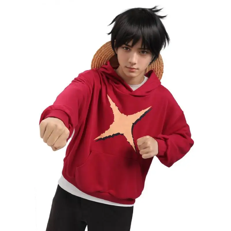 WENAM New rufy Printed Hoodie Cosplay Men Red Hoodie Pullover Costume con tasca Daily Casual Wear rufy Red Hoodie Halloween