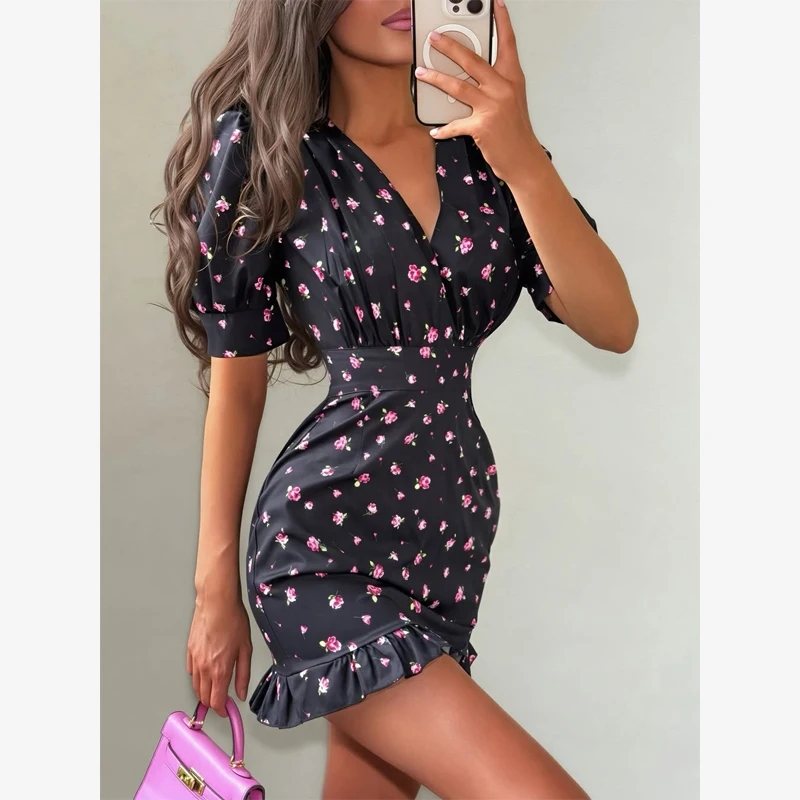 Chic Printed Slim Fit Mini Dress Women Elegant V-neck Puff Short Sleeves Waist Cinching Dresses 2026 Summer Lady Party Robes New