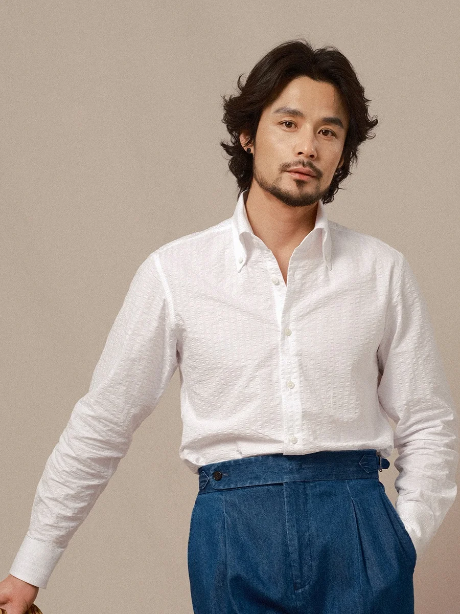 

Cultum Men's Long Sve irt Button Collar Bubble Cloth Lightweight Breathable Casual White irt Busin Gentleman Spring...