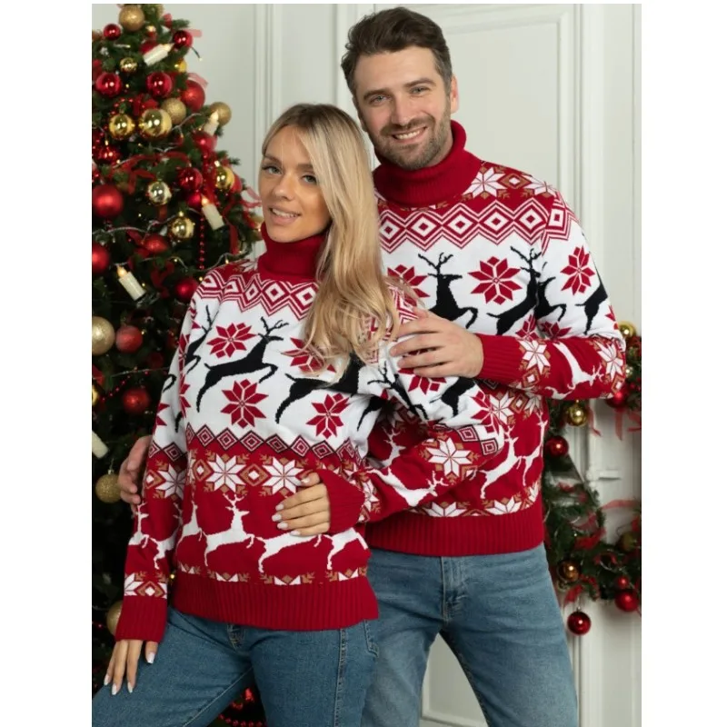 Christmas Reindeer Turtleneck Sweater Christmas Knitting Long Sleeved Couples Jumpers Warm Thicken Winter Sweaters