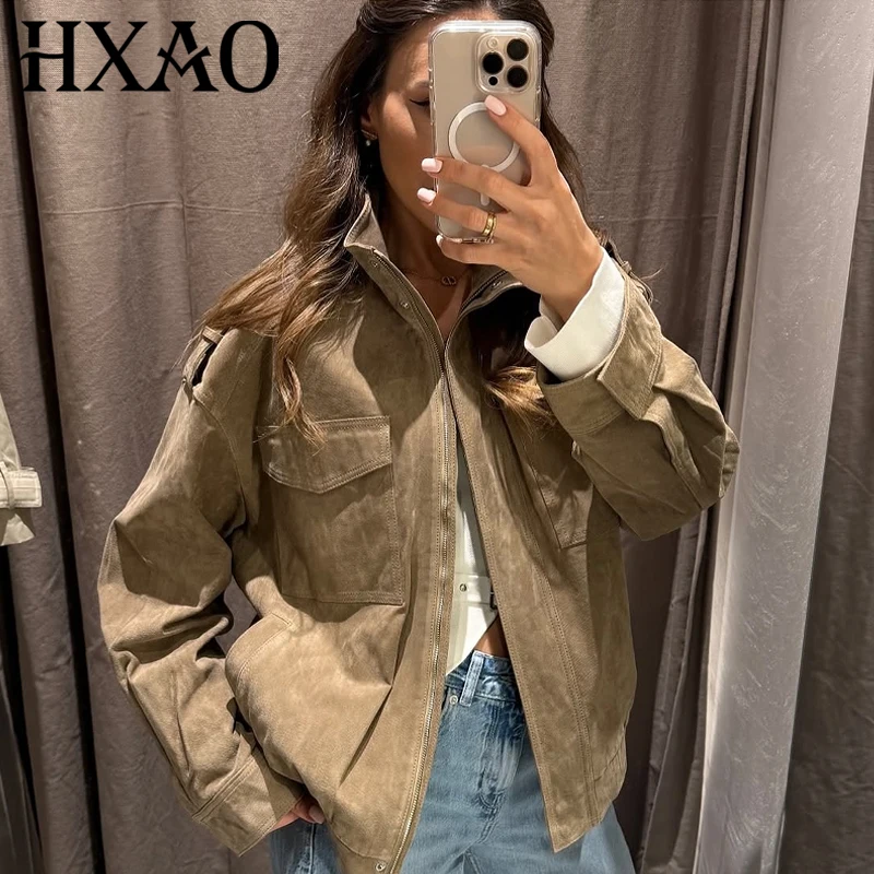 HXAO سترة من جلد الغزال المرأة الخريف المتضخم Bomber سترة جديدة في المعاطف والسترات الوقوف طوق كم طويل بلايز ملابس خارجية الموضة