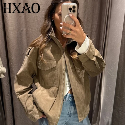 HXAO chaqueta de cuero para mujer, chaqueta Bomber de gran tamaño de otoño, nuevo en abrigos y chaquetas, Tops de manga larga con cuello levantado, prendas de vestir exteriores de moda