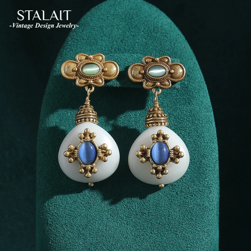 Retro Blue Stone Antique Jewelry Gold Color Bees Transparent Glass Water Drop Dangle Earring Vintage for Woman Accessories 2025