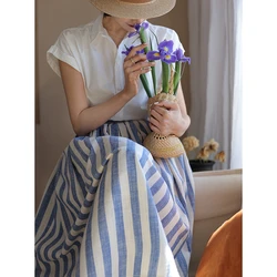 Women High Rise Blue Striped Vintage Midi Skirt 2023 Summer New In Swing Skirt