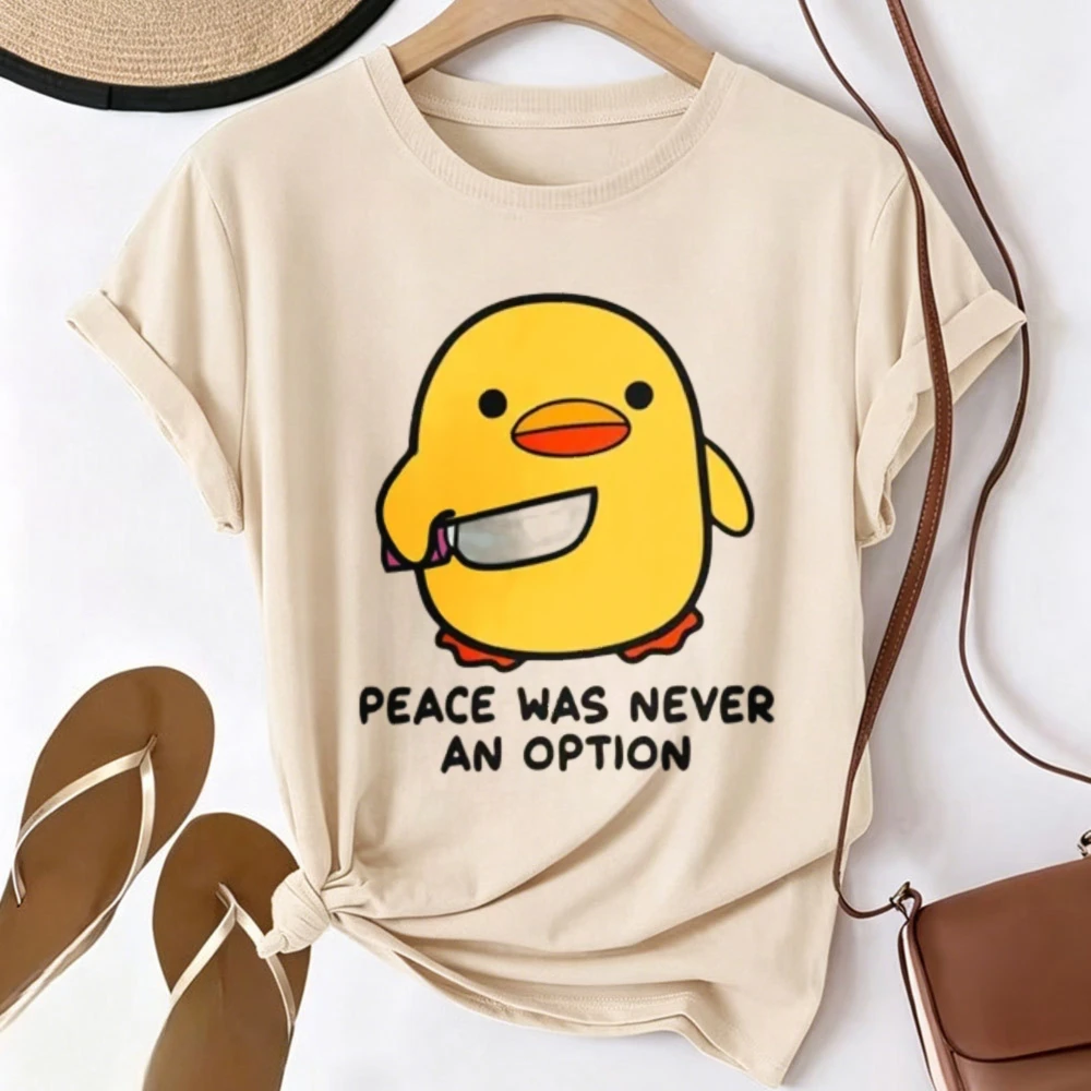 Peace Was Never An Option Cute Yellow Duck with Knife Graphic T-shirt Men Women Funny Cartoon Duck Meme Print Tees Casual Tops