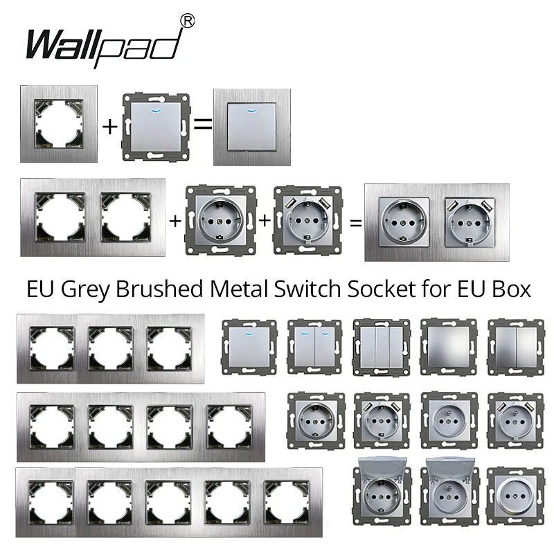 월패드 EU 1 2 갱 스위치, 어두운 빛 실버 브러시 알루미늄 패널, EU 소켓, 2 USB 캡 데이터, CAT6 팬 조광기, TV 콘센트
