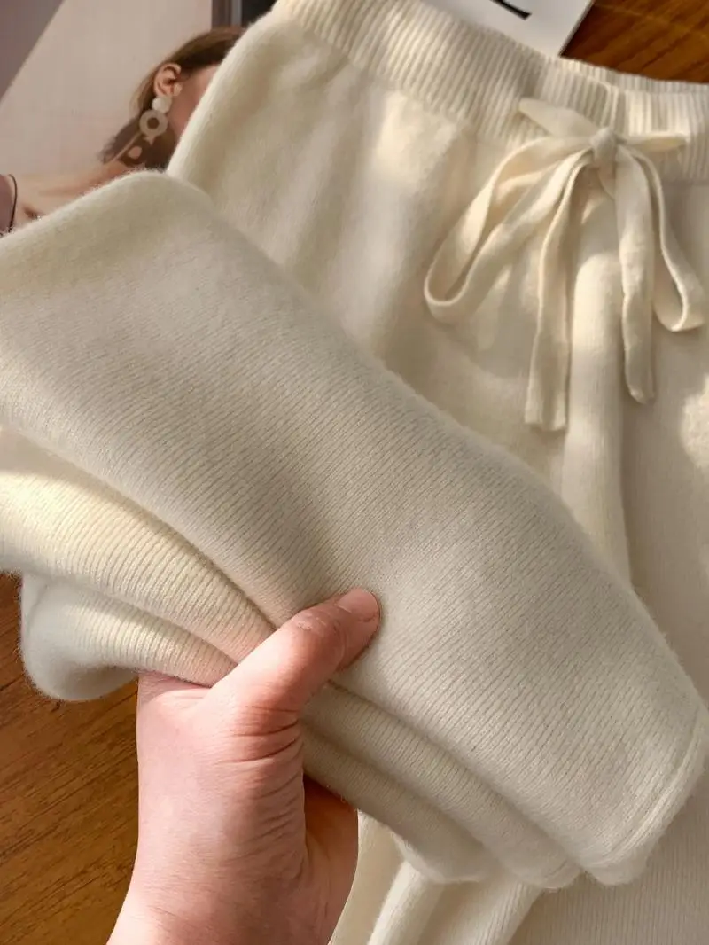 

Мягкие шерстяные вязаные широкие брюки, женская повседневная осенне-зимняя верхняя одежда, прямые длинные брюки-каперы, удобная посадка