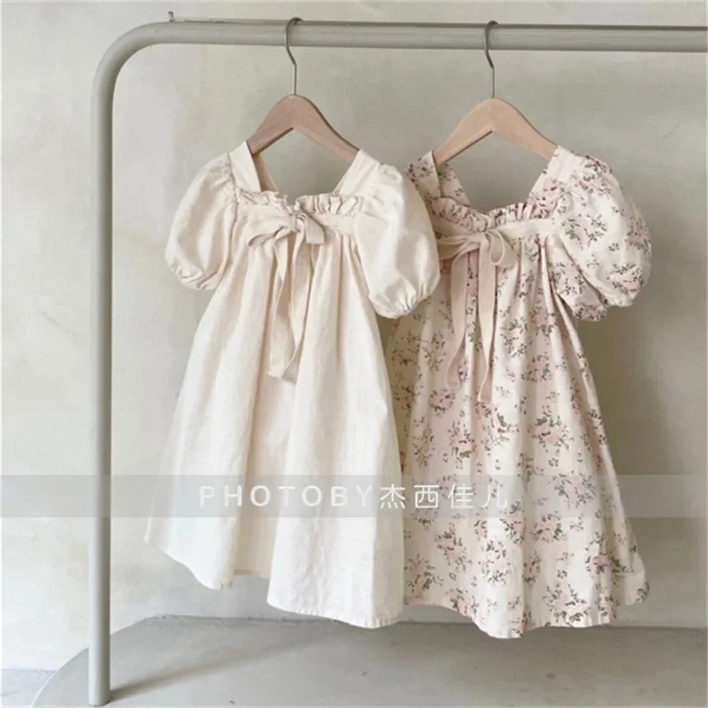 Ins Korean Version Summer Dress Doll Dress for Girls and Babies, Bow, Bubble Sleeves Princess Dress, Floral Square Collar Dress