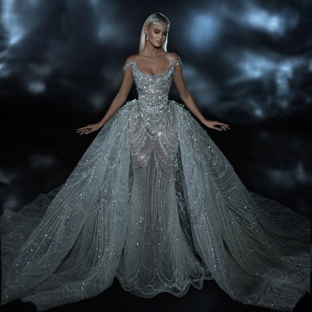 Silver Chic Wedding Dress With Detachable Tail Exquisite Beaded Pearls Shiny Princess Customized Bridal Gown Vestido De Novia
