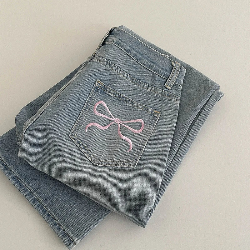 Roze strik geborduurde jeans herfst winter nieuwe dames hoge taille losse wijde pijpen broek casual veelzijdige denim broek