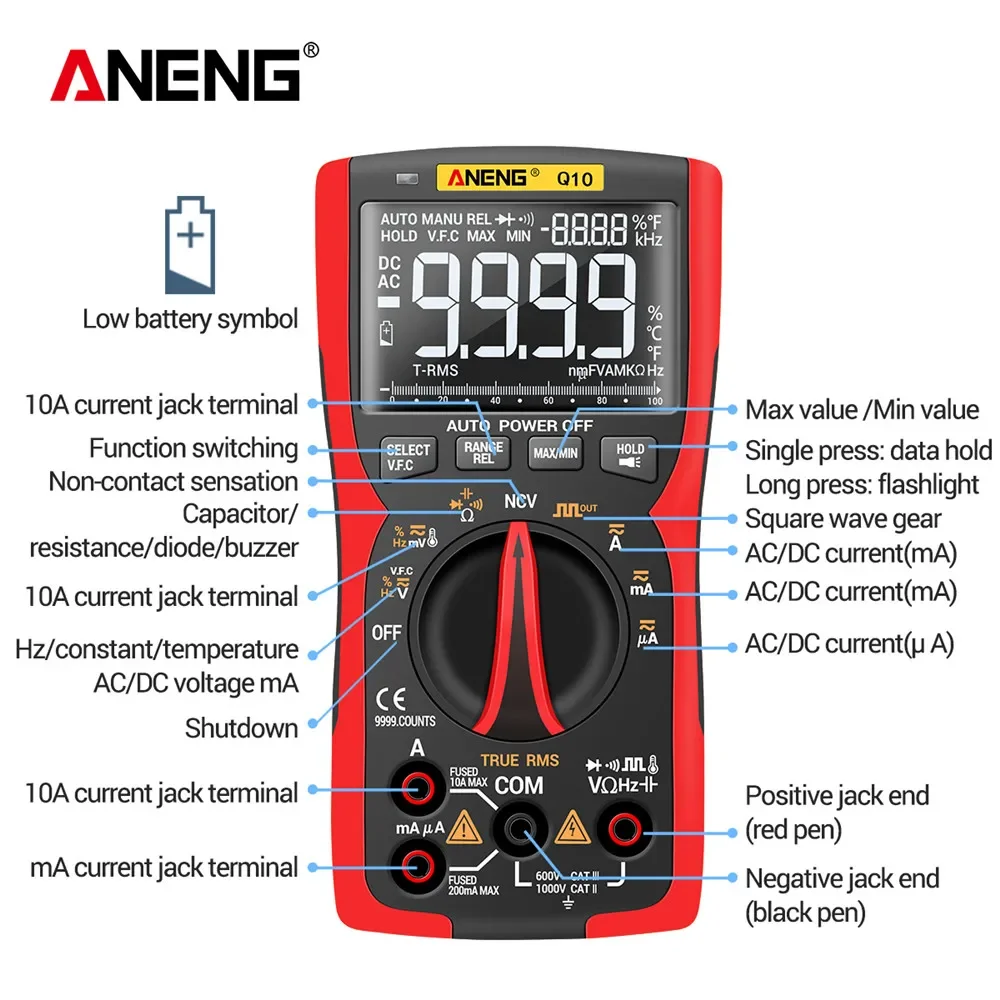 Imagem -03 - Intelligent Anti-burn Multímetro com Verdadeiro Valor Eficaz Componentes Eletrônicos Tester Ferramenta 9999 Palavras Multi-função Aneng-q10