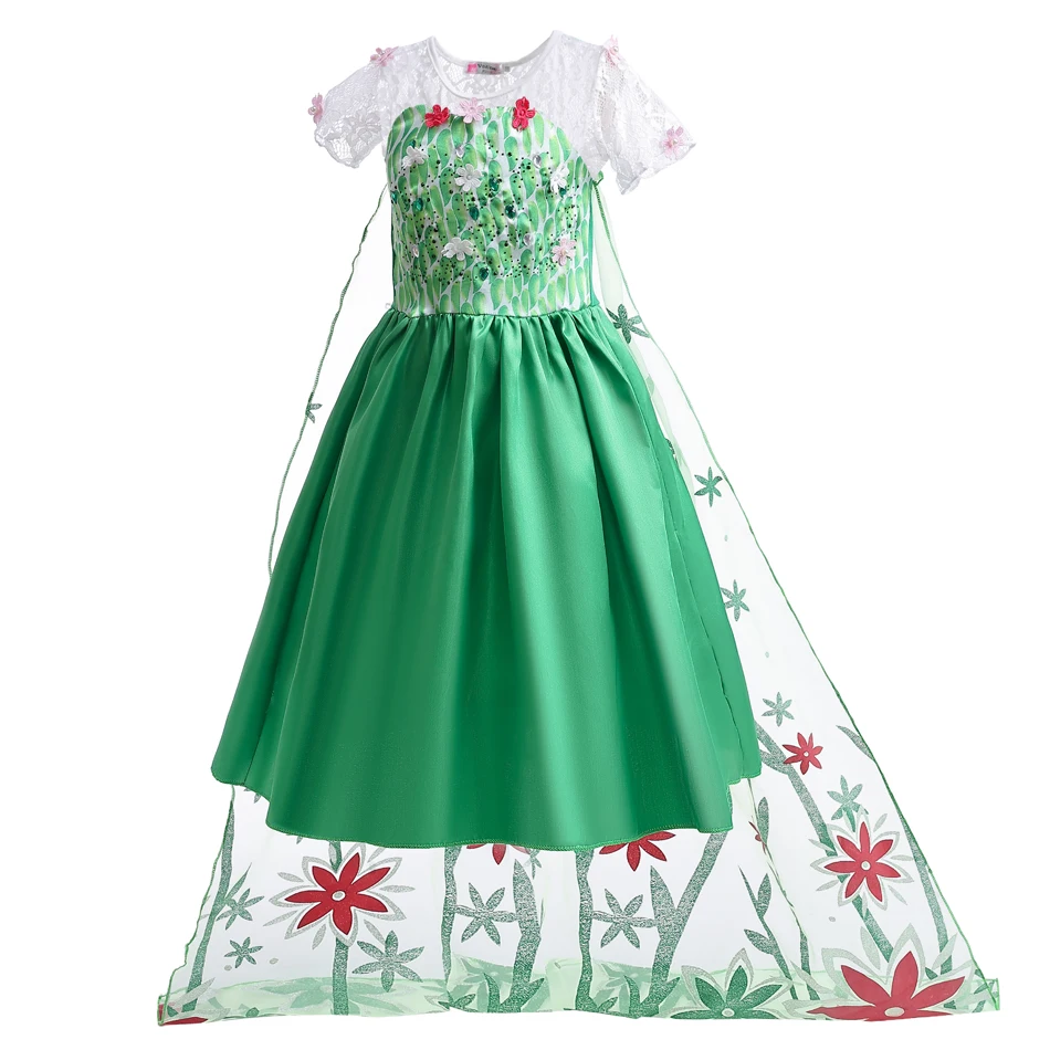 Elsa Green Dress for Kids Girl Princess  Costume Dresses  Children Long Cloak Floral Lace Ball Gown Summer