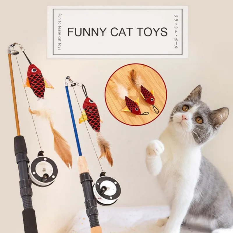 Stick Feather Wand Toys Cat Interactive Toy Fish-shaped Telescopic Fishing Rod Cat Teaser Fishing Pole Pet Cat Toy Stick