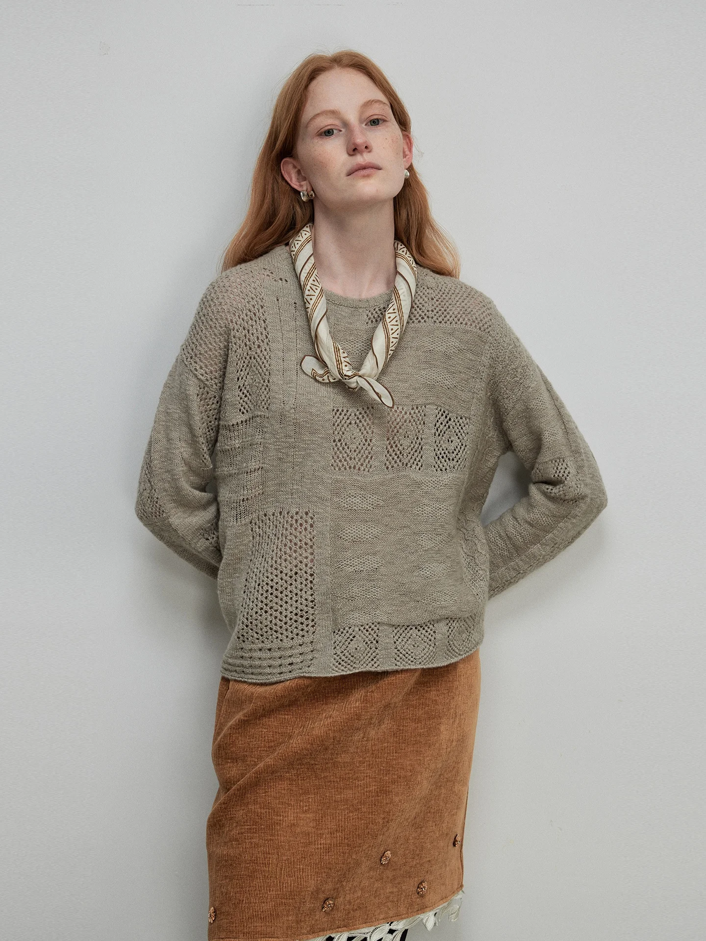 

Ele Women's Loose Knitted Wool Blend Sweater Hollow out Design Vintage Sle Long Sve round Ne Pullover Faionable