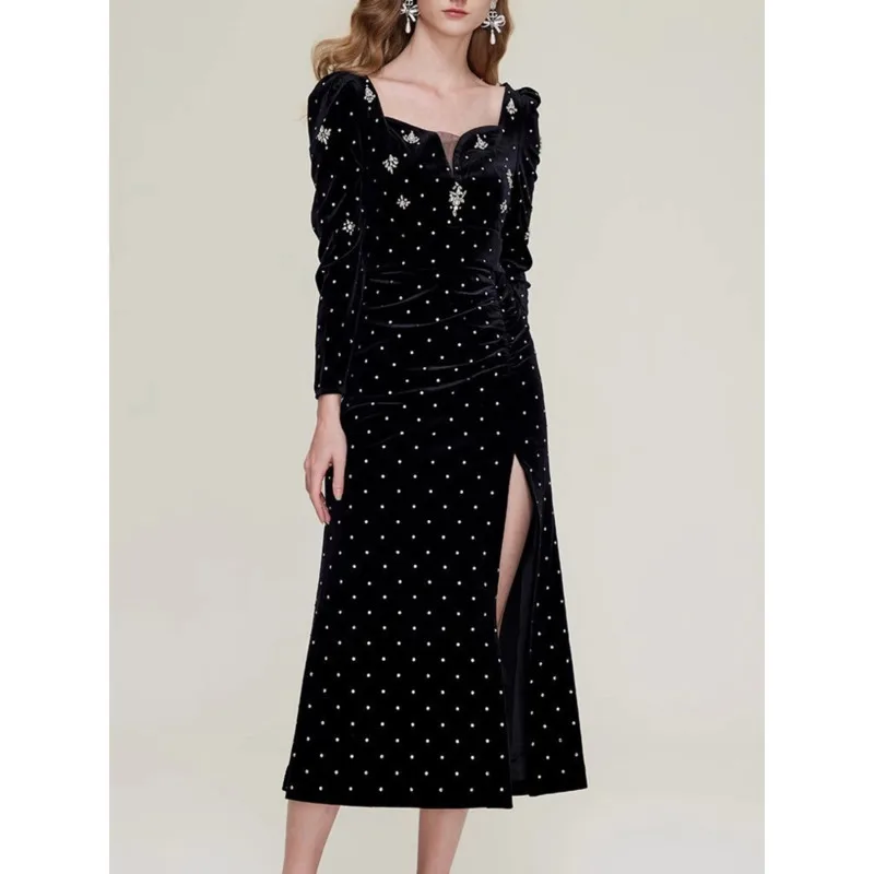 

[Vibe] Fashion Women's French Elegant Velvet Dress Diamonds Spliced Square Collar Long Sleeve Slimming Dress New Clothing