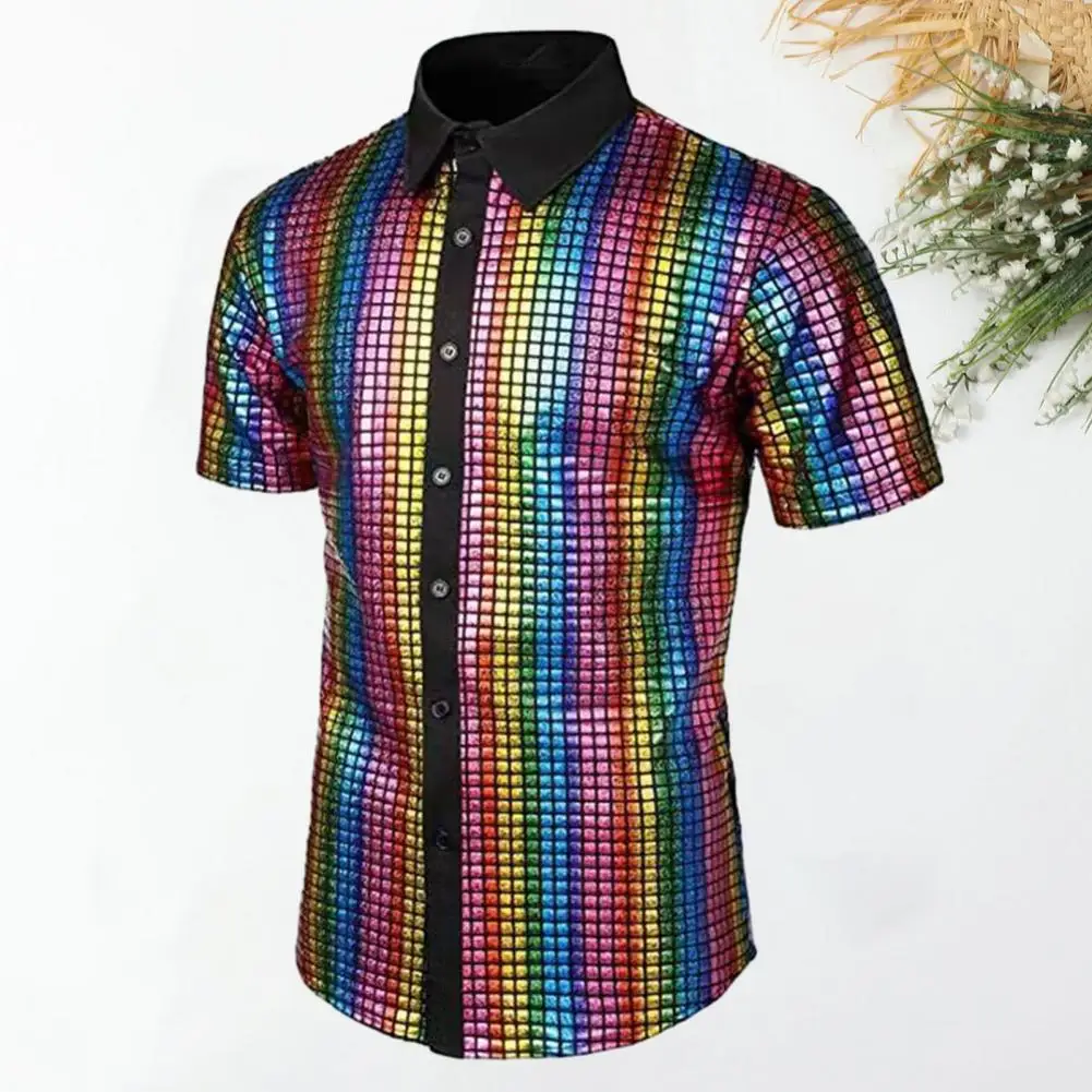 Men Club Shirt Mens 70s Disco Costume Vinatge Turn-down Collar Reflective Shiny Sequins Short Sleeve Button Down Shirt