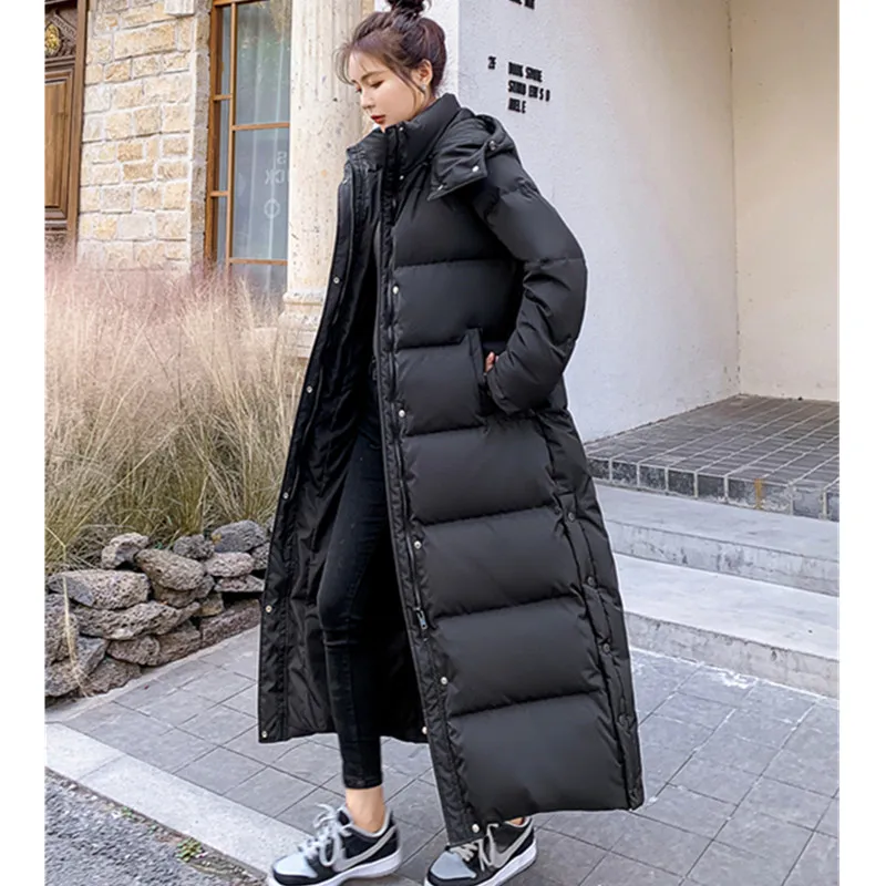 2024 Winter New Korean Thicken X-Long Down Jacket for Women Hooded Extra Long White Duck down Coat Female Warm Parker Overcoat