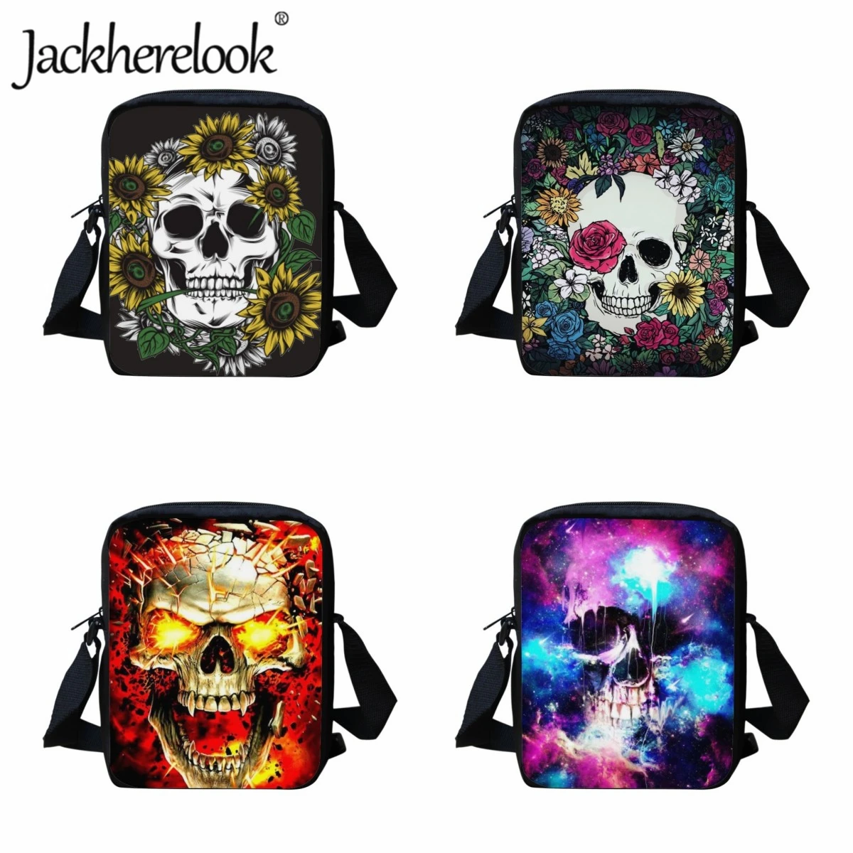 

Jackherelook Skull Flower Pattern Teenagers Crossbody Bags Gothic Trend Messenger Bag School Boy Girls Lunch Bag Customized Bag