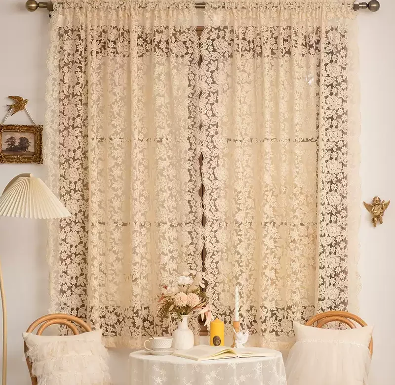 French High-end Vintage Beige Embroidered Gauze Curtains with Wavy Edge Palace Style European Style Lace Partition Curtain