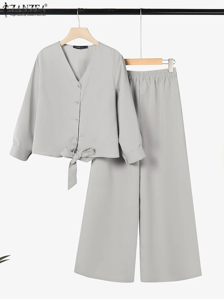 2025 ZANZEA ファッション 長袖ブラウス パンツセット 春秋服 2点セット レディース ワークマッチングセット カジュアル 無地 OL セットアップ