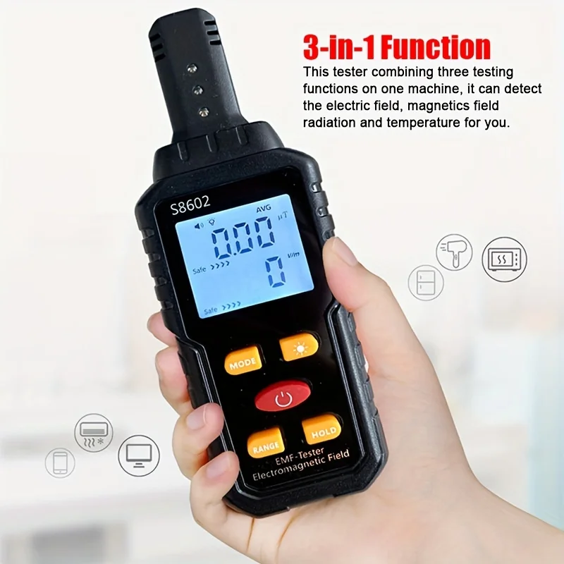 

3in1 Digital Electromagnetic Field Radiation Detector & Thermometer Electric & Magnetic Fields, Temperature Data Hold
