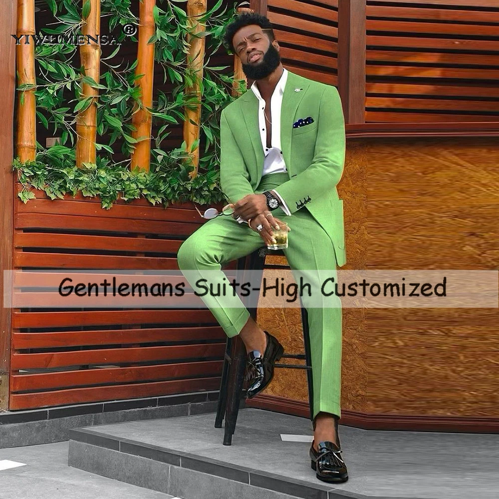 

Smart Casual Men Suits Slim Fit Single Breasted Jacket Pants 2 Pieces Green Smoking Business Blazers Customized Costume Homme