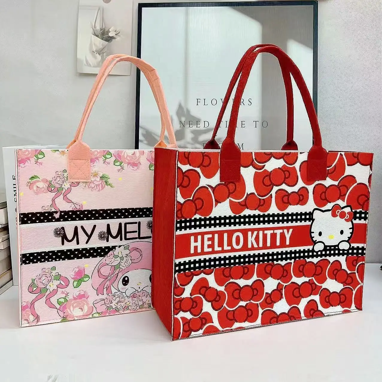 HelloKitty Filz-Organizer Handtasche, Kosmetiktasche, tragbare Aufbewahrungstasche, Mädchen, Studenten, Einkaufstasche, Geschenk-Handtasche