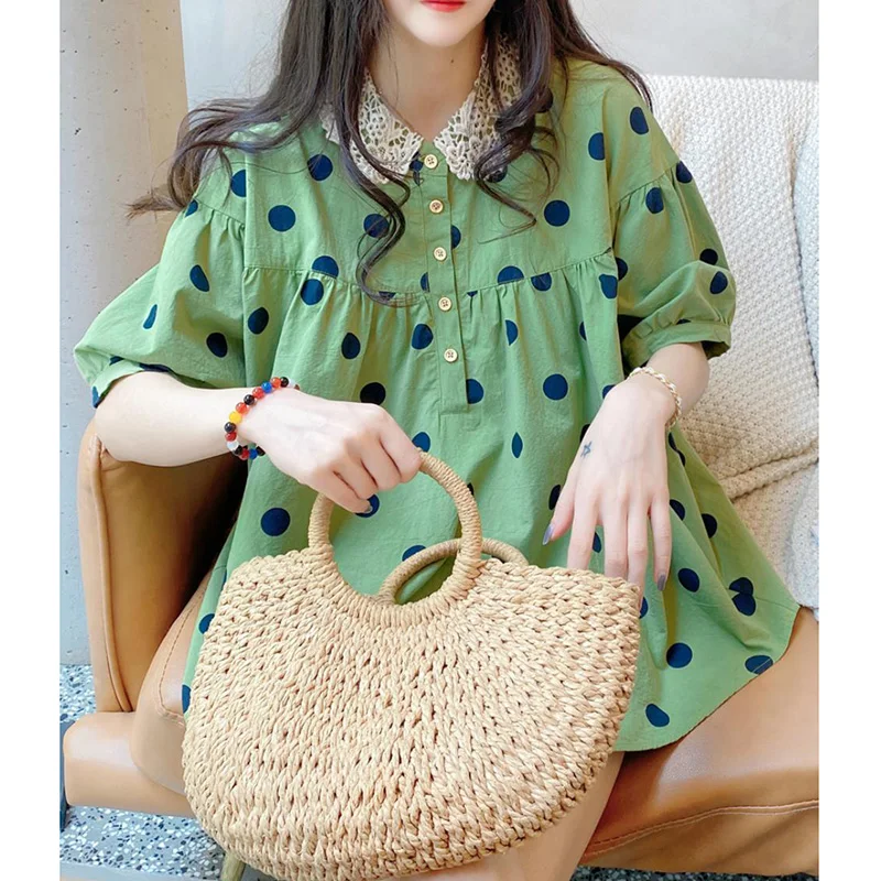 Sweet Peter Pan Collar Spliced Folds Lace Polka Dot Blouse Female Clothing 2023 Summer New Casual Pullovers Loose Korean Shirt