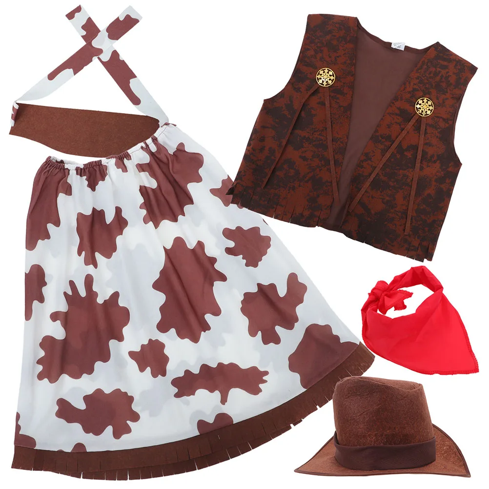 

1 set 1 Set Halloween Cowgirl Costume Kids Western Outfit Hat Vest Bandana Comfortable Toddler Boys Girls Party Dress Up Western