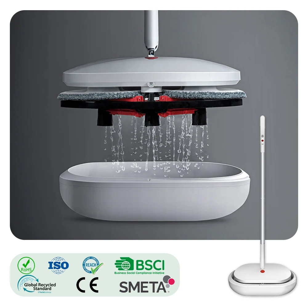 Mopa Eléctrica Giratoria con Cubo, Set de Limpieza para el Hogar, Mopa Mágica para Limpieza de Pisos Planos con KC