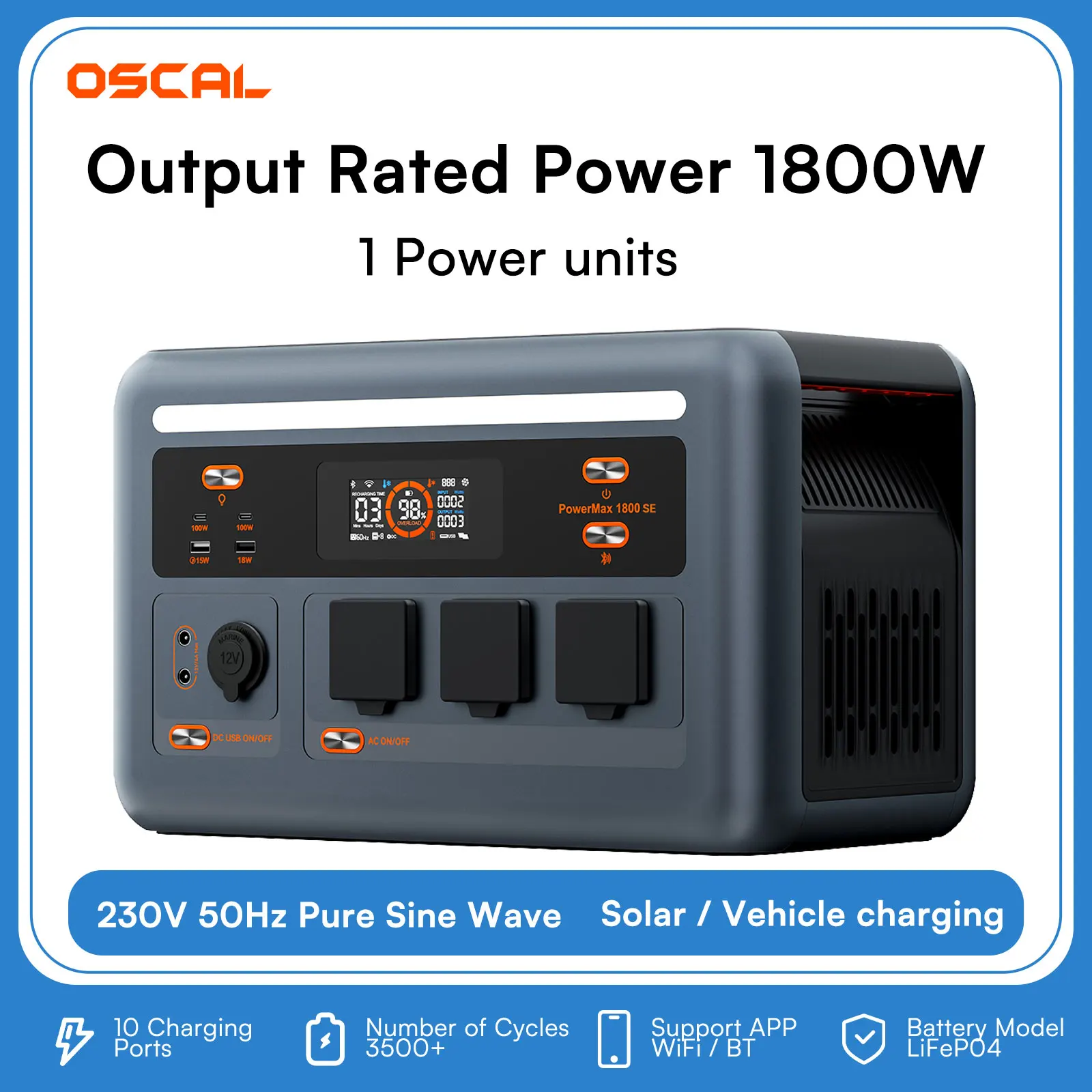 OSCAL PowerMax 1800SE Tragbare Powerstation 1800W Spitzenleistung 3600W 1024Wh 3500+ Lange Lebensdauer Sofortige Stromversorgung für Stromausfälle zu Hause, kontinuierliche Stromversorgung im Büro,