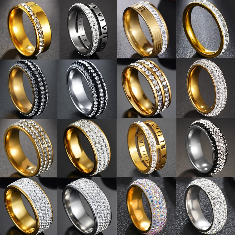 1/2/3/5 Rows Lines Clear Black Crystal Rings for Women Men Rhinestone Stainless Steel Band Eternity Ring Wedding Jewelry Party