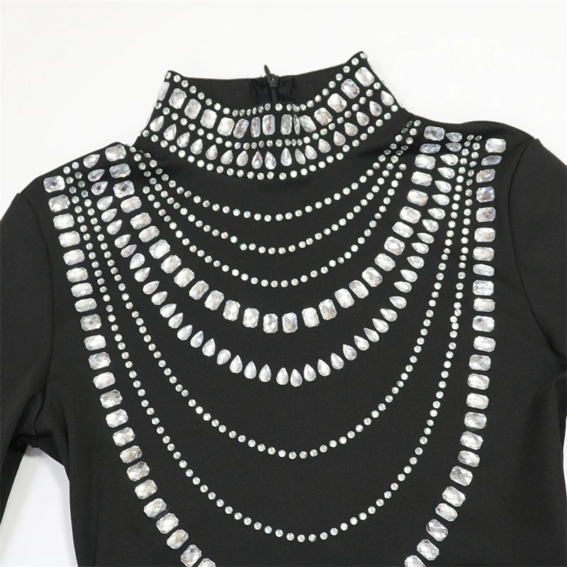 أنيقة كريستال الماس الأسود Bodycon فساتين ماكسي النساء الزفاف المشاهير طويلة الأكمام الياقة المدورة ليلة نادي فستان الحفلات الجلباب