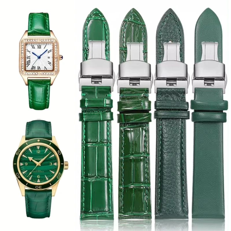 Bracelet de montre en cuir de vache souple, 16mm, 18mm, 20mm, 22mm, vert brillant, avec boucle papillon en acier inoxydable, ceinture de poignet unisexe