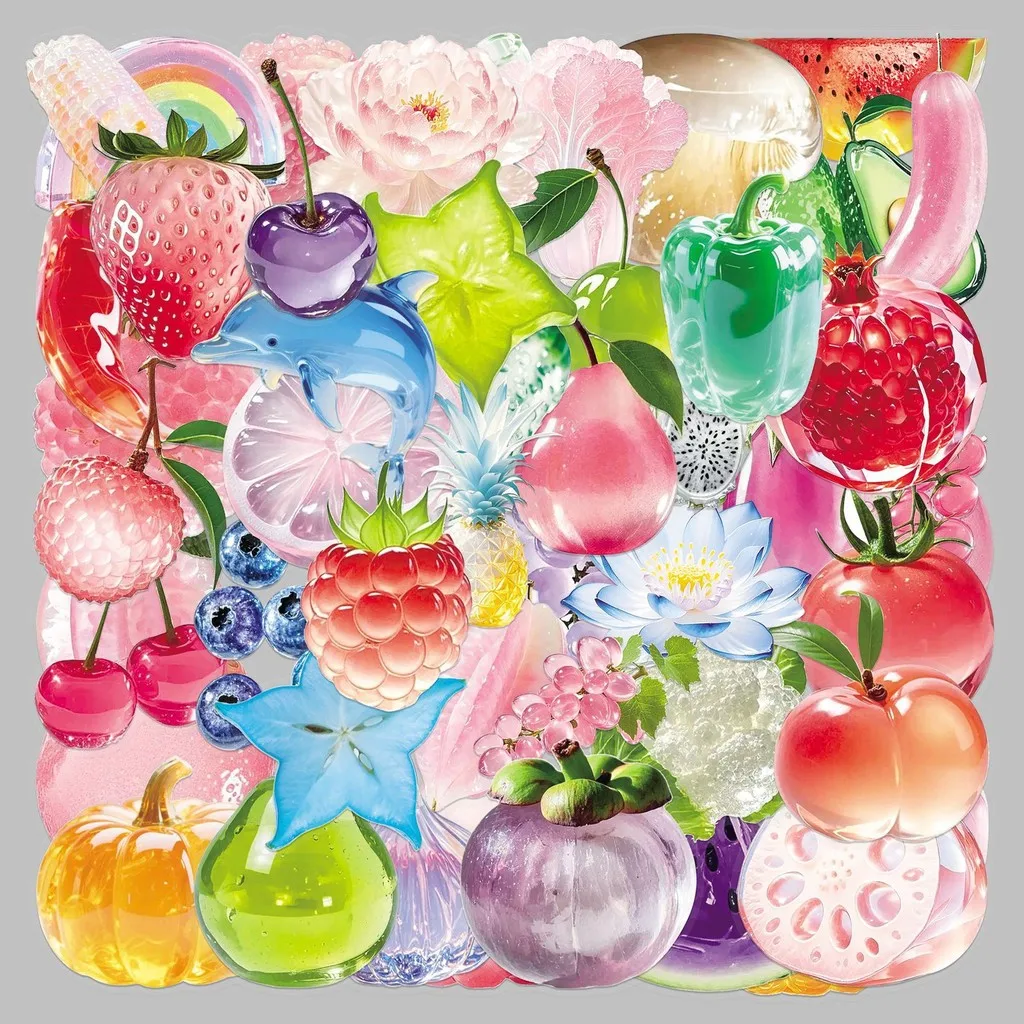 50-teilige funkelnde transparente Aufkleber – frische, süße Früchte, Regenbogen-Graffiti, wasserfeste Aufkleber für Laptops, Notebooks, Handyhüllen