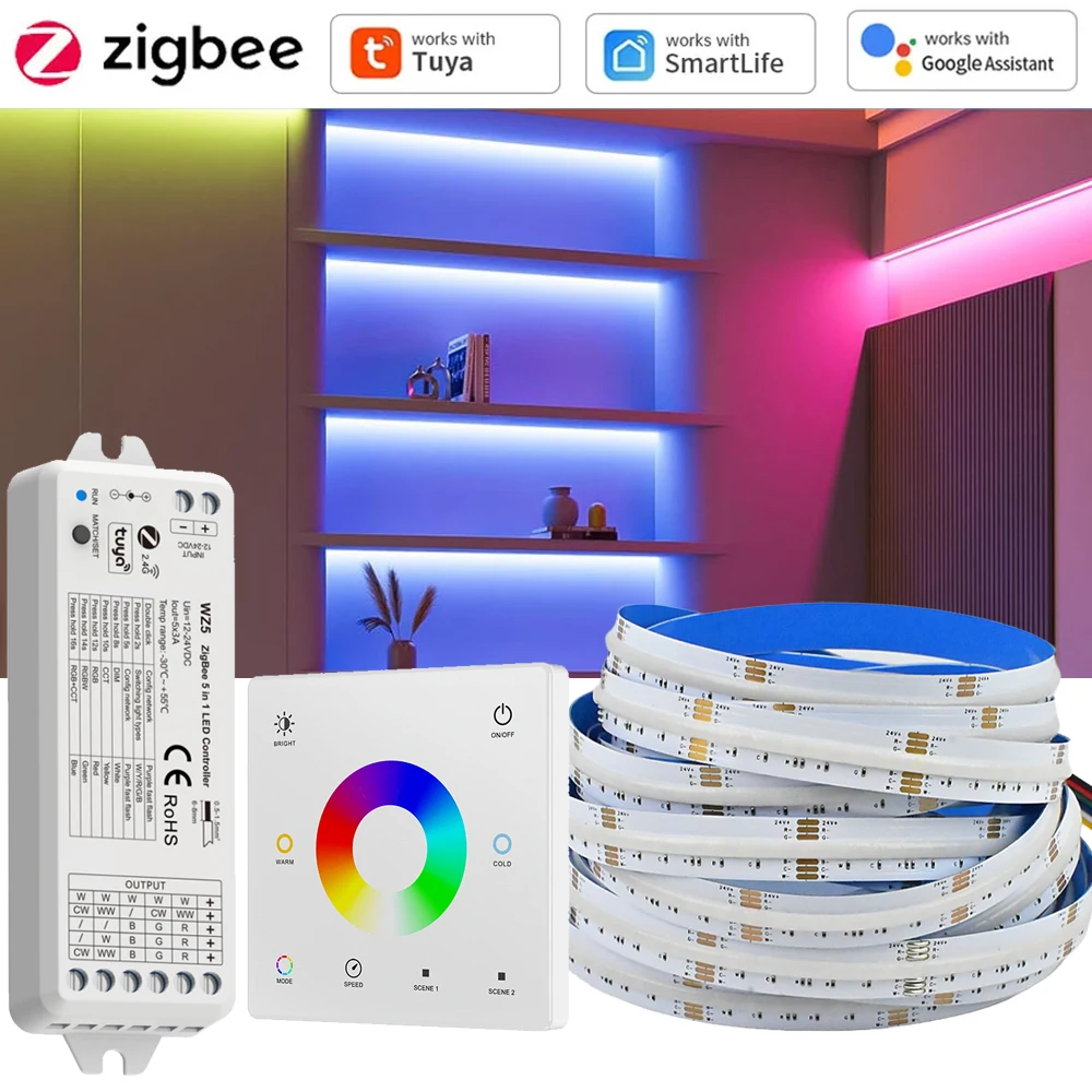 

Tuya Zigbee 3.0 COB RGB+CCT LED Strip Liner Light 24V Dimmable Room Decor Lamp RF Touch Panel Remote for Alexa Google Assistant