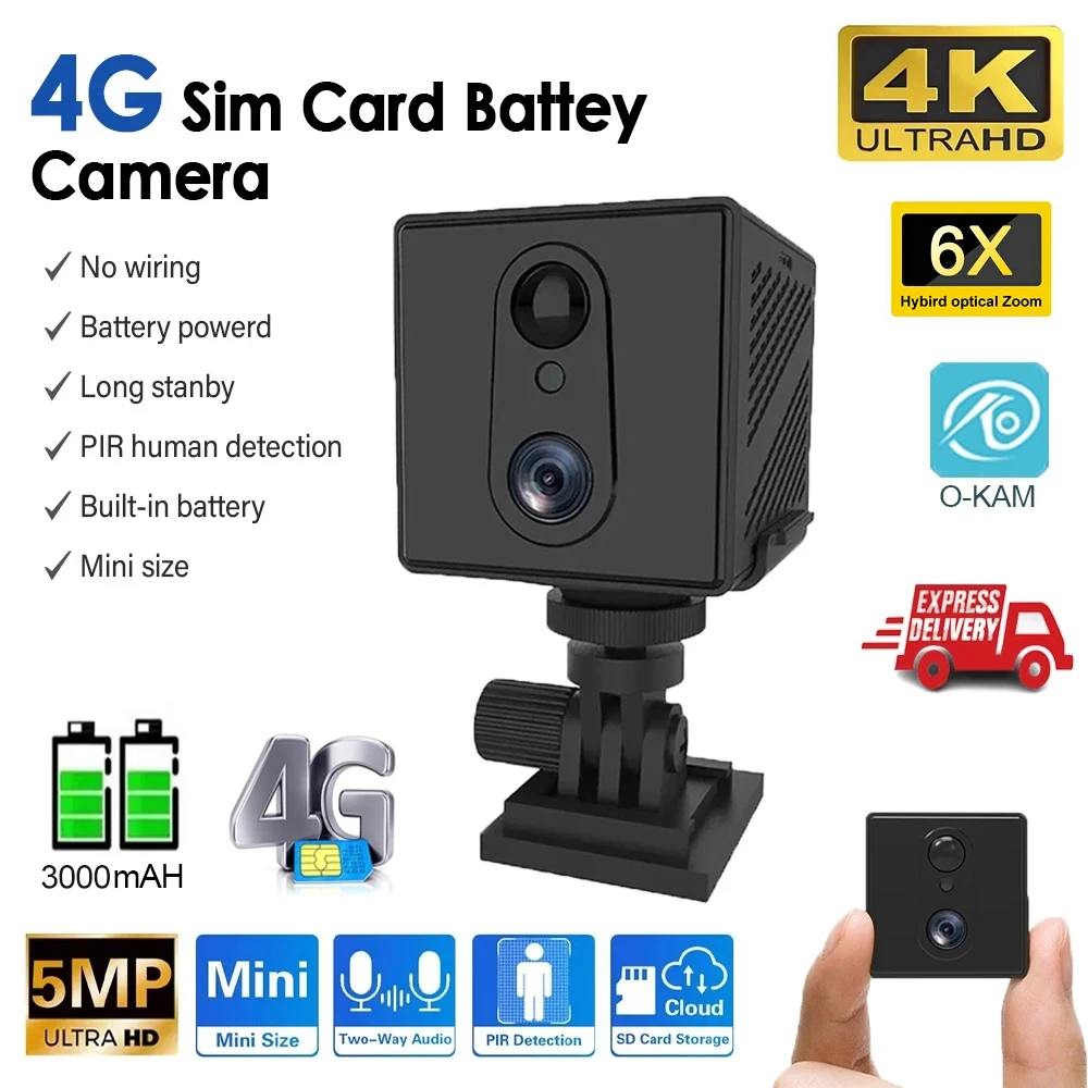 

5MP 4G SIM Card Mini Camera Indoor Night Vision Surveillance Security Monitoring Rechargeable 3000 mAh Battery Powered Home Cam